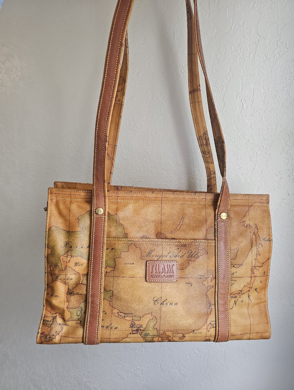 VTG Alviero Martini Prima Classe Italian Leather Map Print Shoulder Bag Rare